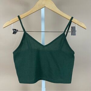 Capella Medium Ribbed Forest Green Boho Hippie Crop Tank Top V Neck Earth Tone